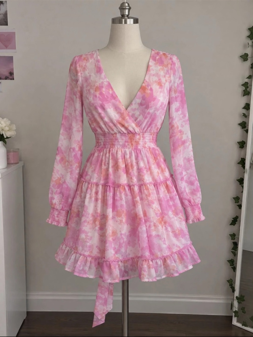 Japna Pink Floral Tie-Waist Long Sleeve Mini Dress